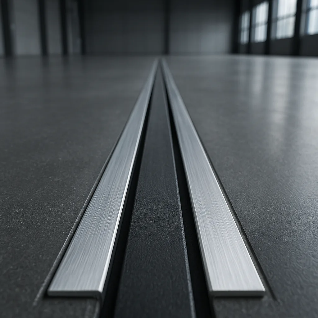 Nahaufnahme eines Dehnfugenprofils mit Metallschienen und elastischer Einlage in einem Betonboden